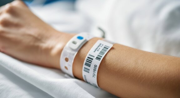 Ein Arm der auf einer Decke liegt und ein Patientenarmband trägt. 